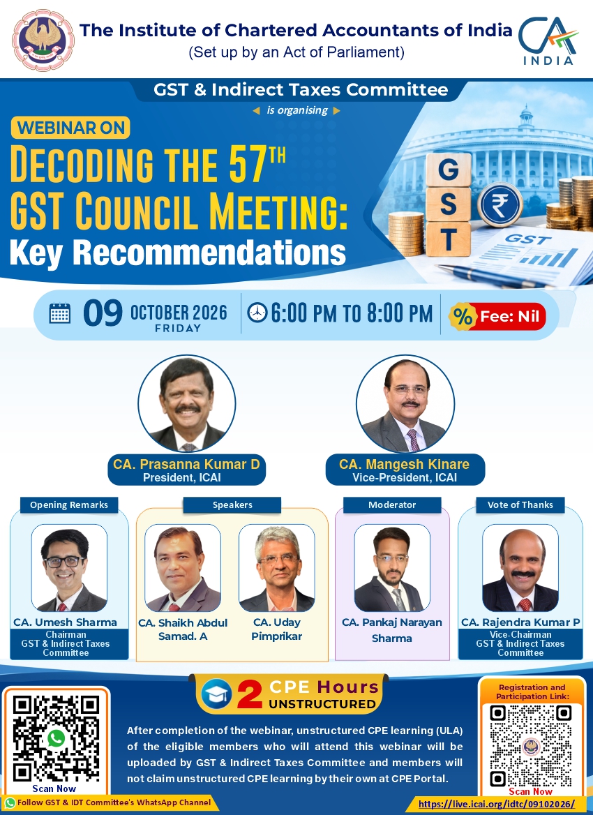 GST & Indirect Taxes Committee announcement for 9 October 2026